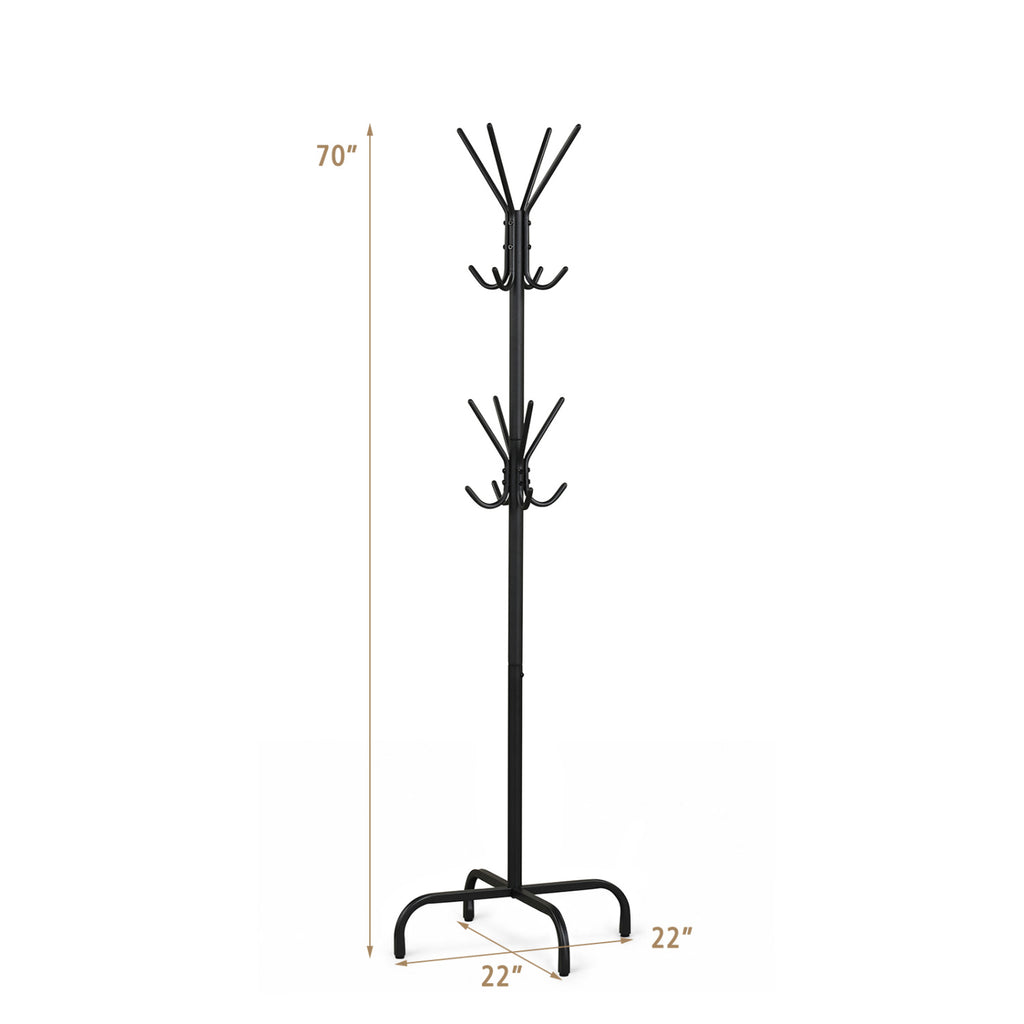 Metal Coat Rack Freestanding 16 Hooks - Black