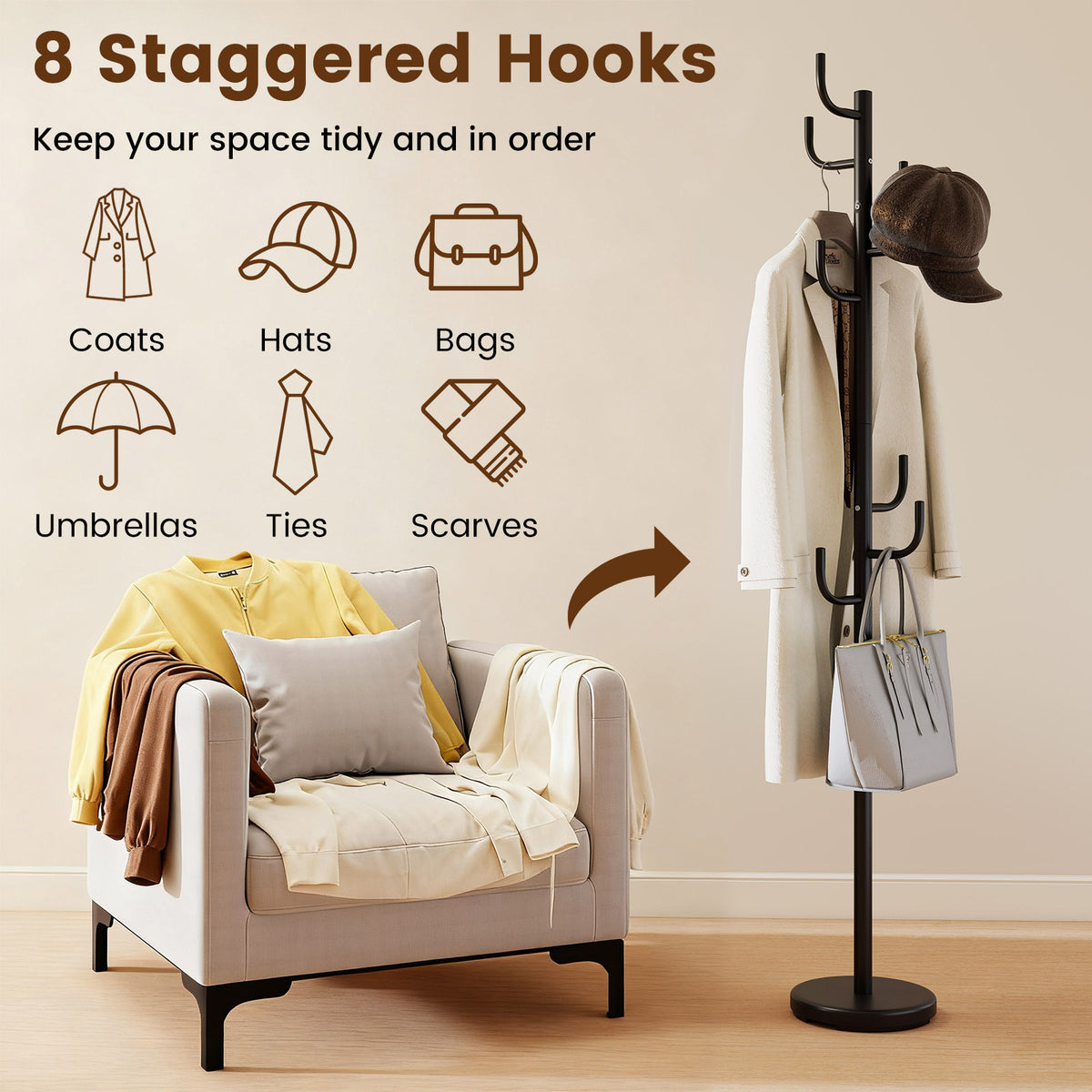 Metal Coat Rack Stand with 8 Hooks and Metal Base