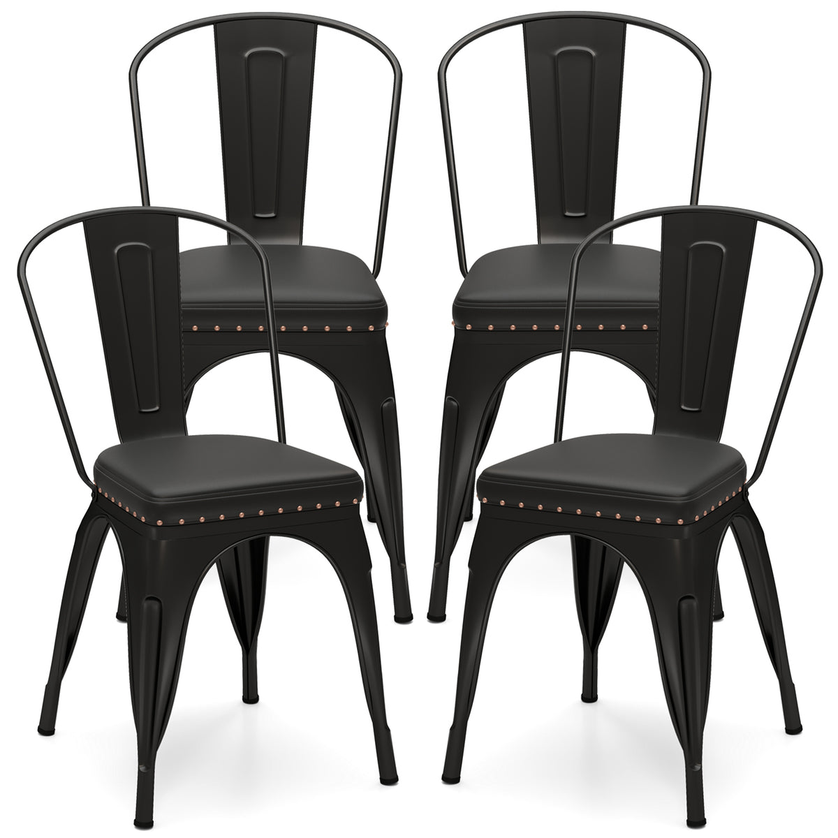 Metal Dining Chair Set of 4 Stackable Kitchen Chairs - Black