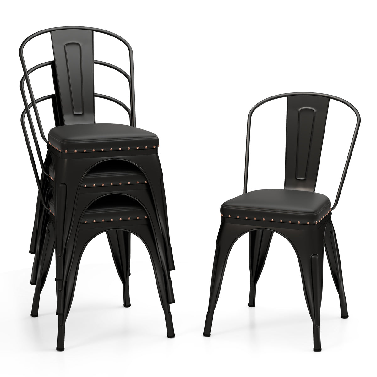 Metal Dining Chair Set of 4 Stackable Kitchen Chairs - Black