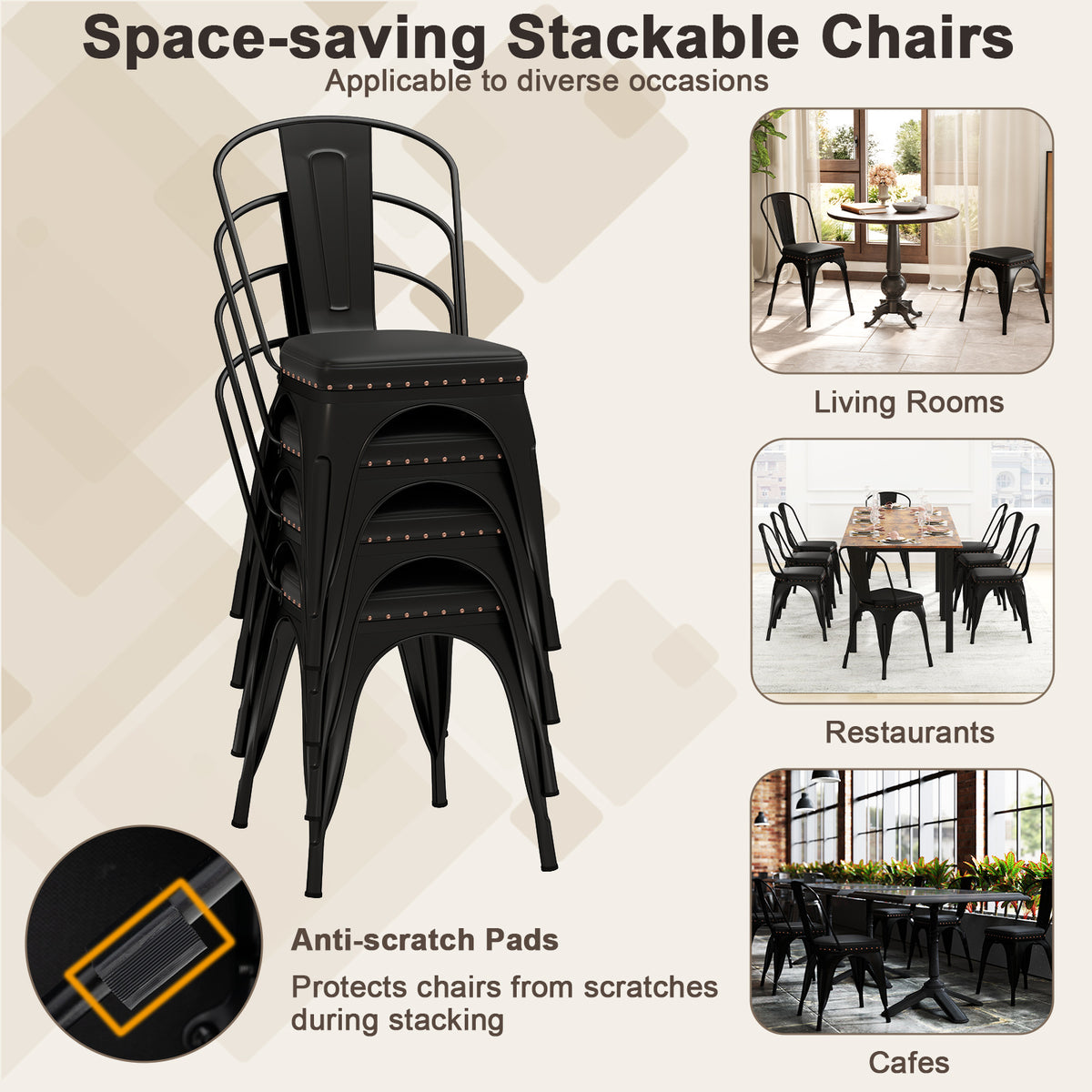 Metal Dining Chair Set of 4 Stackable Kitchen Chairs - Black