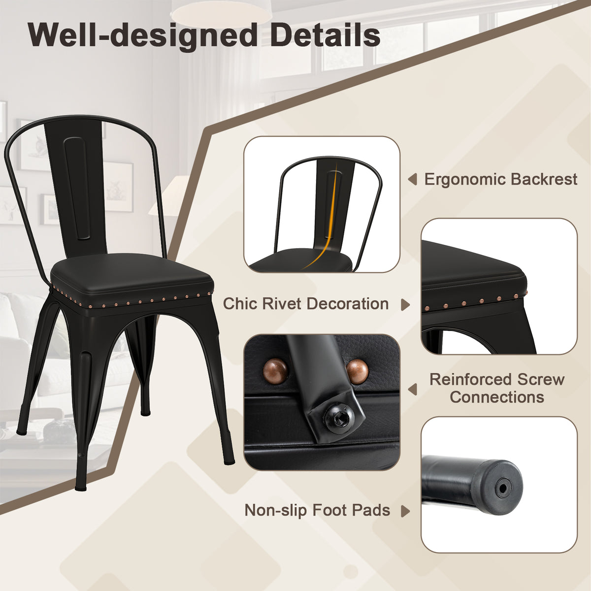 Metal Dining Chair Set of 4 Stackable Kitchen Chairs - Black