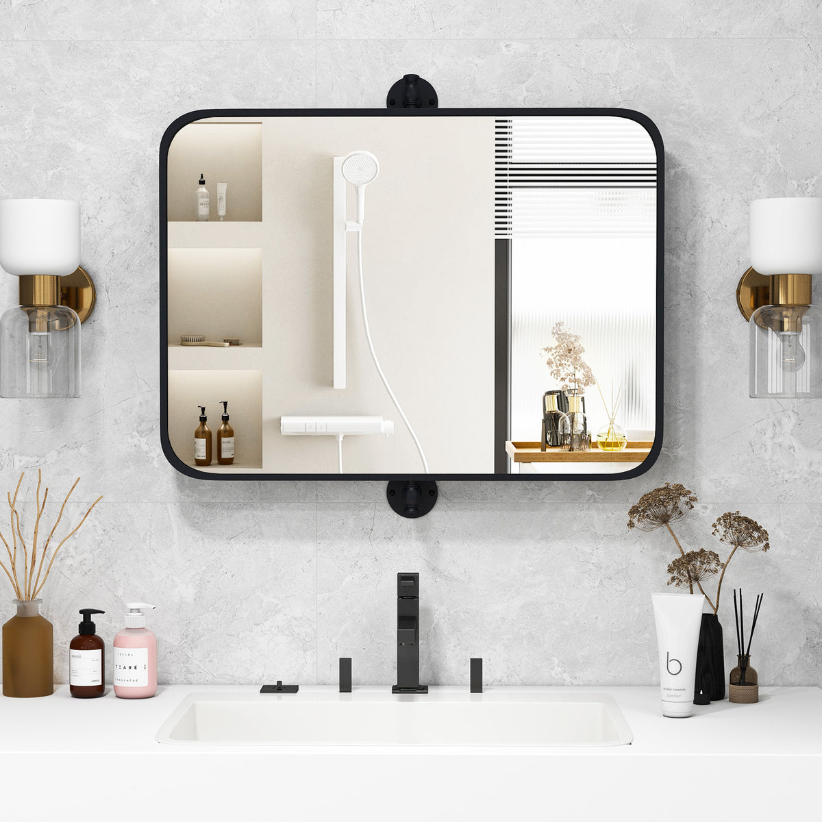 Black Metal Framed Wall-Mounted Pivot Rectangle Mirror - 30x22 Inch