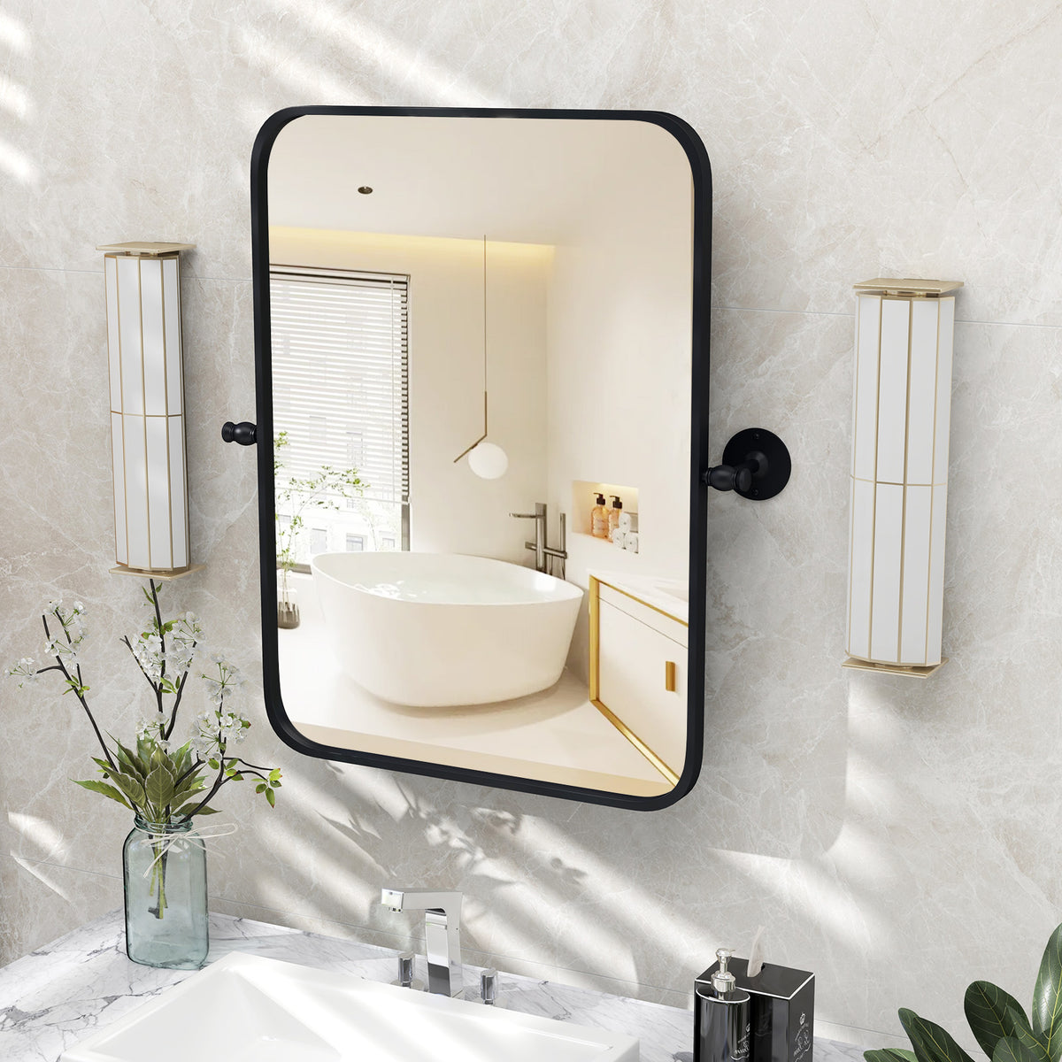 Black Metal Framed Wall-Mounted Pivot Rectangle Mirror - 30x22 Inch