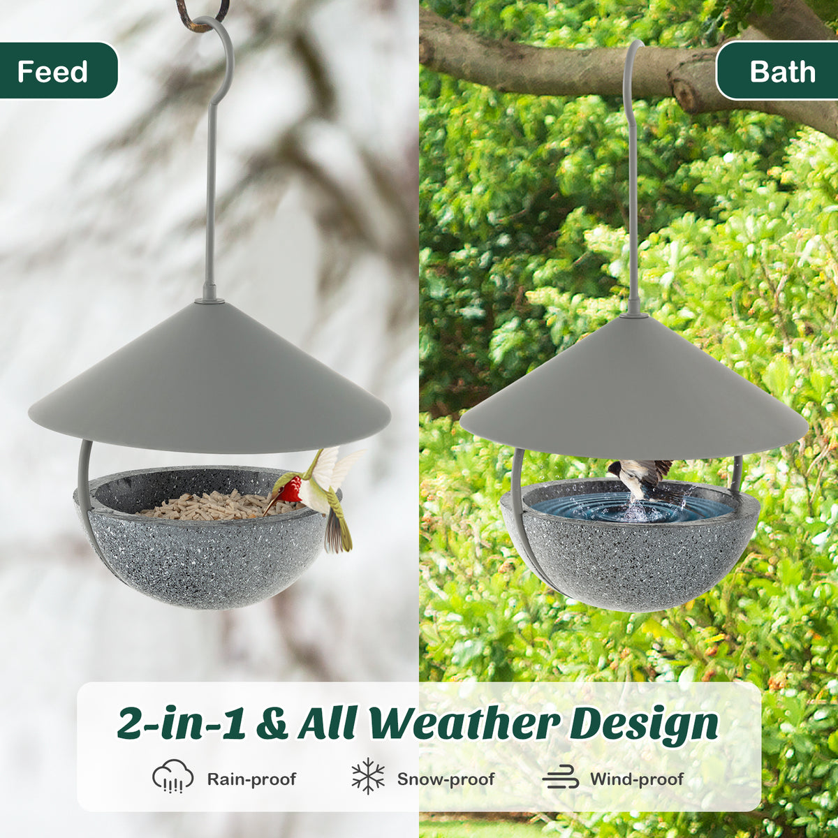 2-in-1 Metal Bird Feeder and Bath with Weatherproof Dome - Hanging Wildlife Bird Bath & Feeder