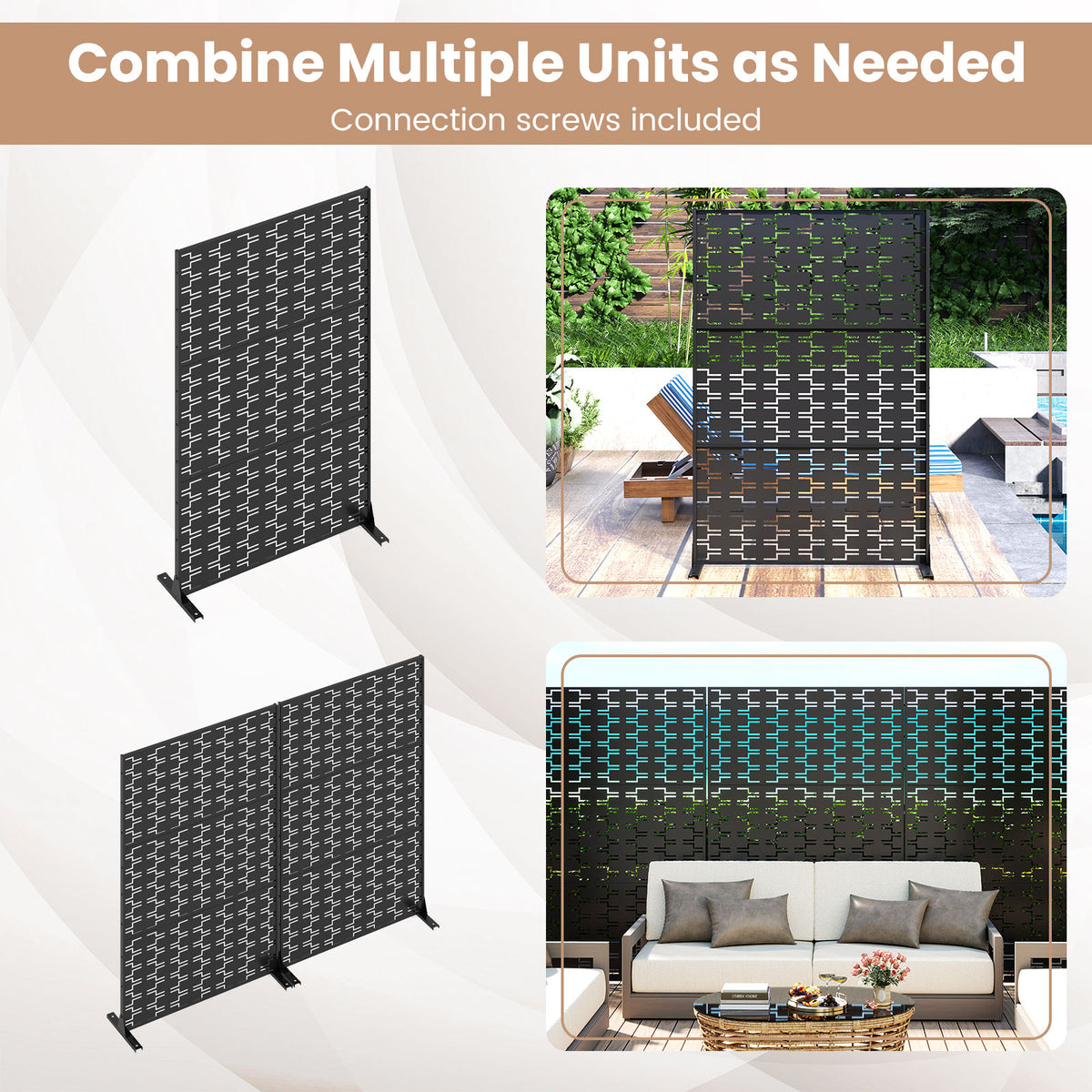 Metal Privacy Screen 72 x 48 Inch Freestanding Fence Panel Black - Irregular Hollowing