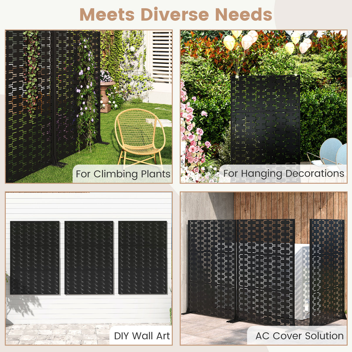 Metal Privacy Screen 72 x 48 Inch Freestanding Fence Panel Black - Irregular Hollowing