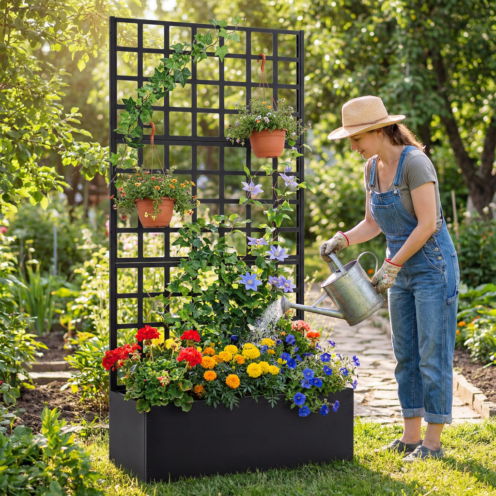 Metal Raised Garden Bed with Trellis and Drainage Holes for Climbing