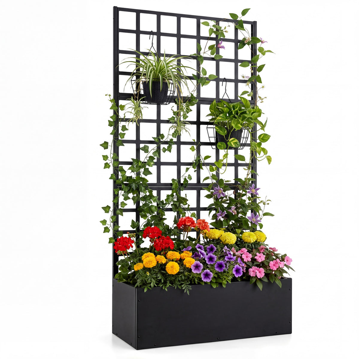 Metal Raised Garden Bed with Trellis and Drainage Holes for Climbing