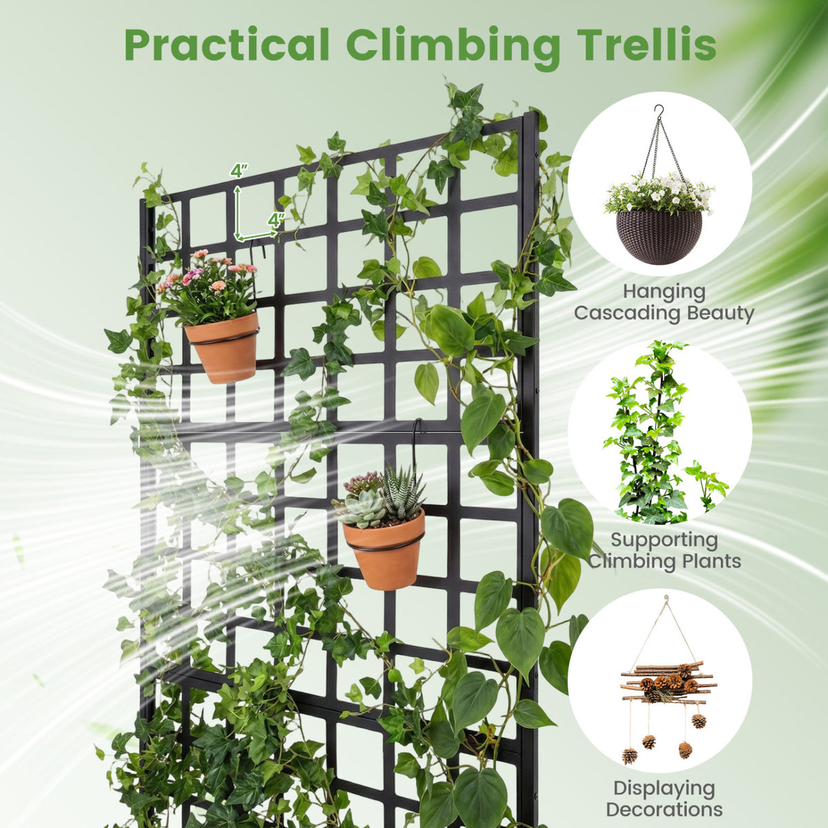 Metal Raised Garden Bed with Trellis and Drainage Holes for Climbing