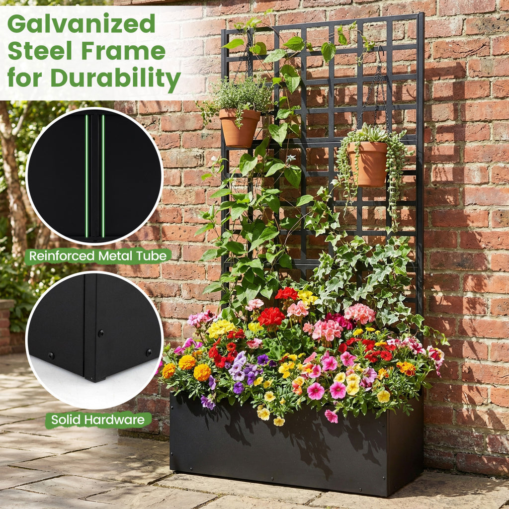 Metal Raised Garden Bed with Trellis and Drainage Holes for Climbing