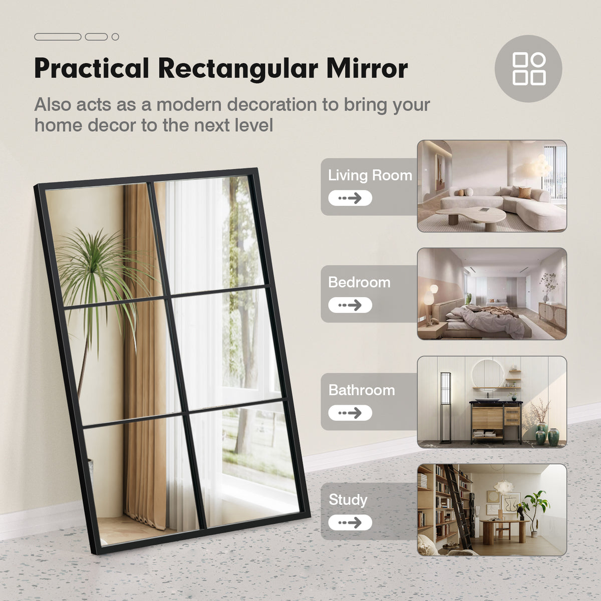 Black 3-Layer Wall Mirror with Metal Frame for Living Room & Dining Area