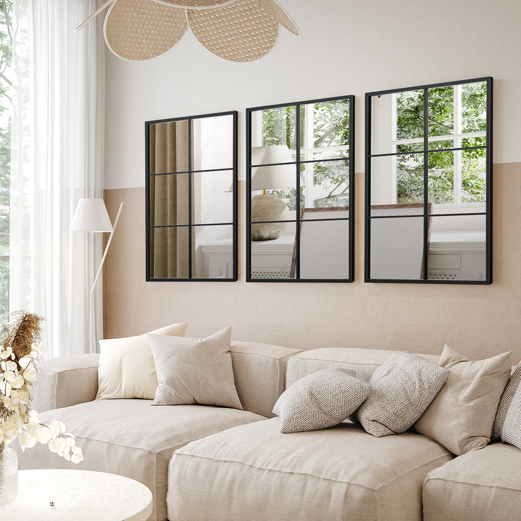 Black 3-Layer Wall Mirror with Metal Frame for Living Room & Dining Area