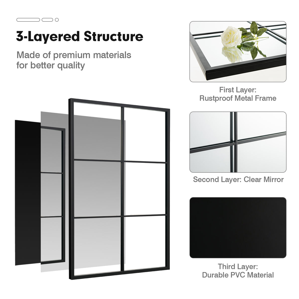 Black 3-Layer Wall Mirror with Metal Frame for Living Room & Dining Area