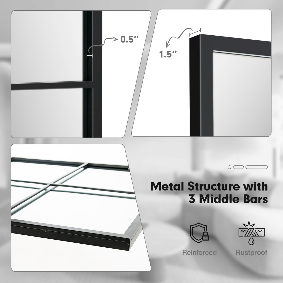 Black 3-Layer Wall Mirror with Metal Frame for Living Room & Dining Area