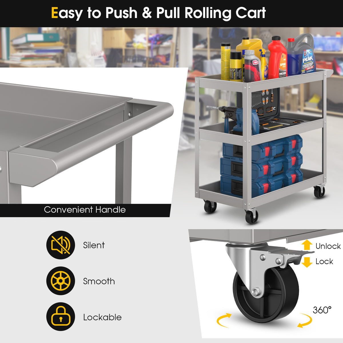 3-Tier Metal Utility Cart Trolley Tool with Flat Handle and 2