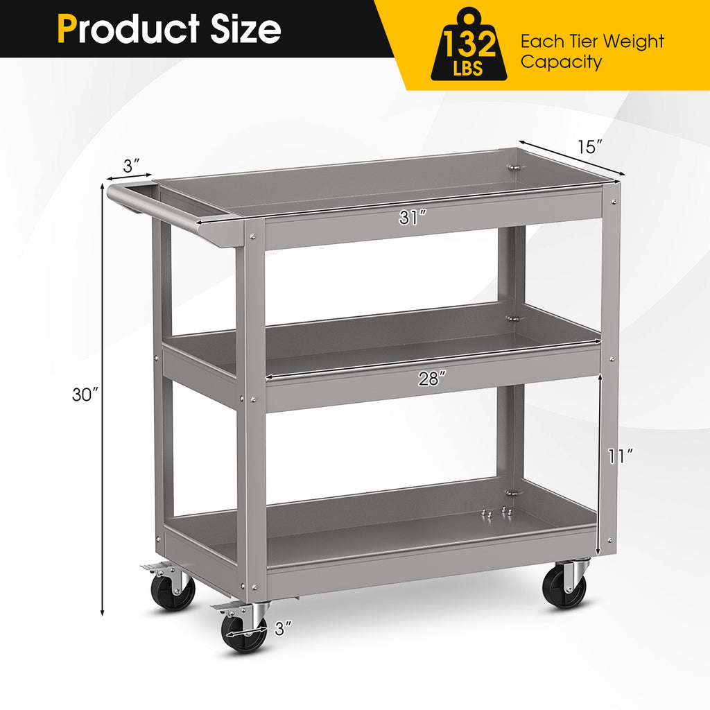 3-Tier Metal Utility Cart Trolley Tool with Flat Handle and 2