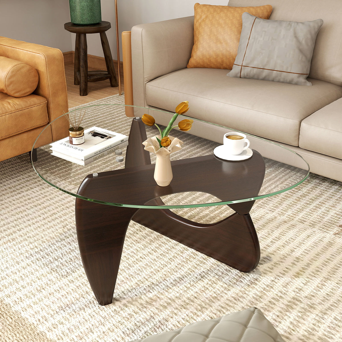 Triangle Coffee Table with Tempered Glass Top - Walnut