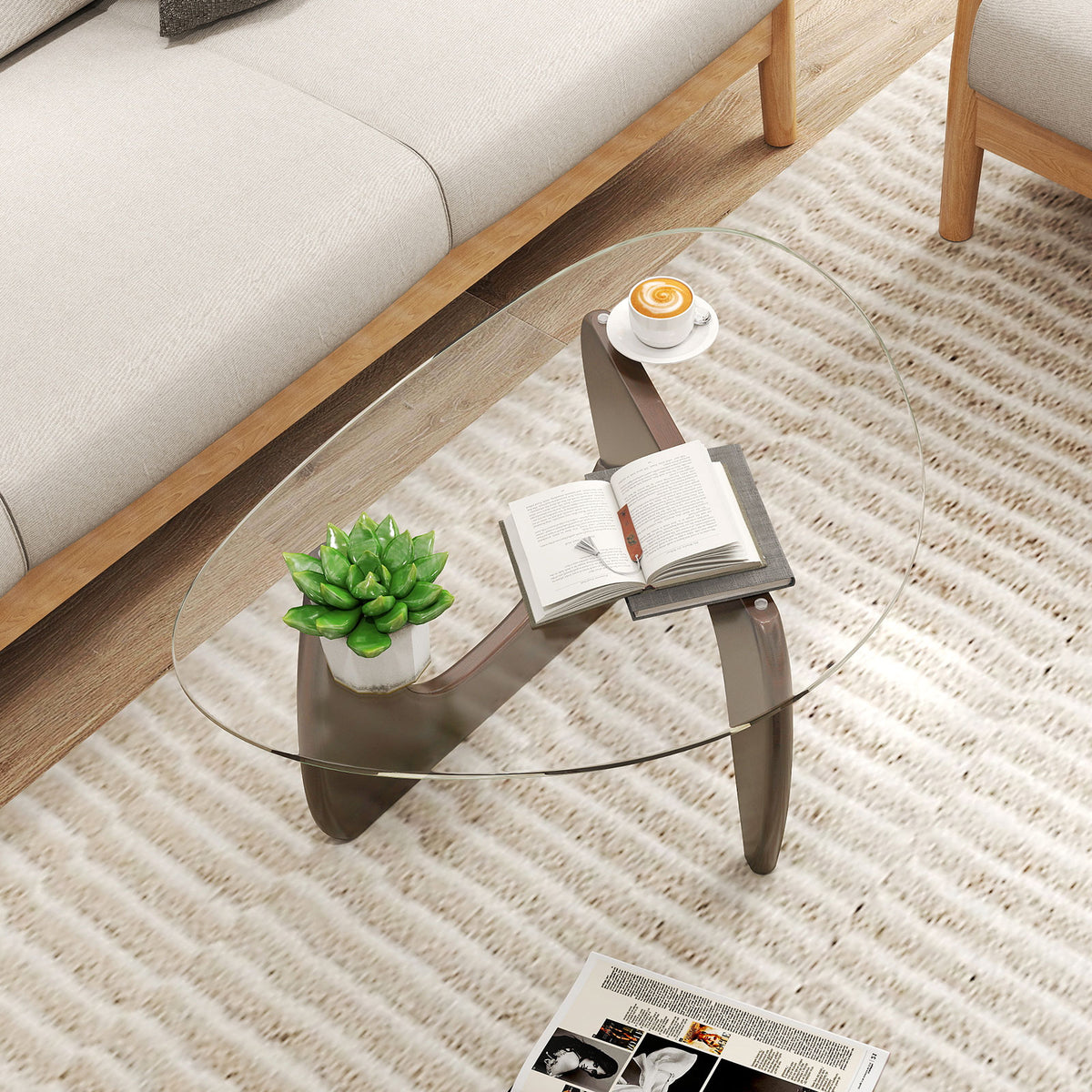 Triangle Coffee Table with Tempered Glass Top - Walnut