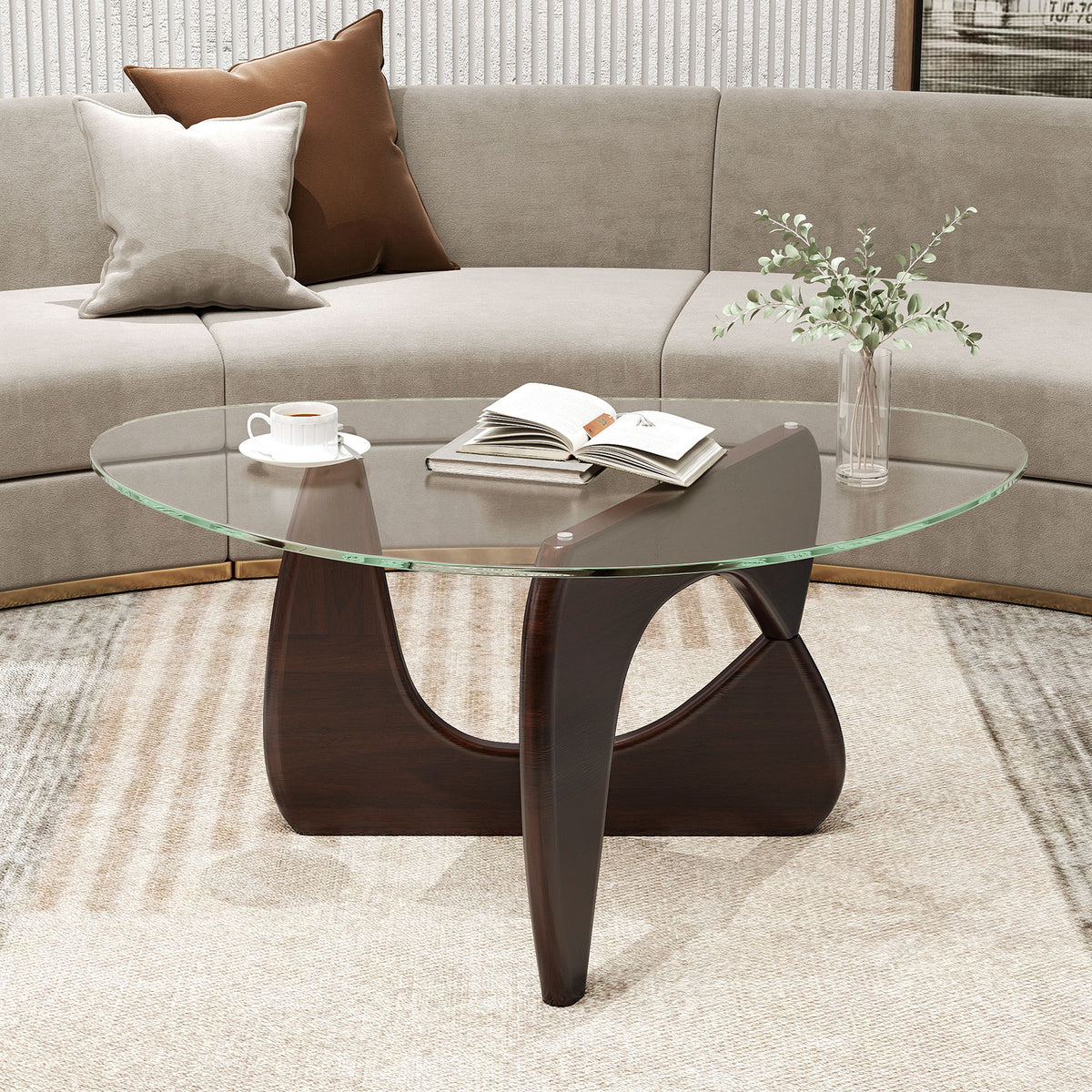Triangle Coffee Table with Tempered Glass Top - Walnut