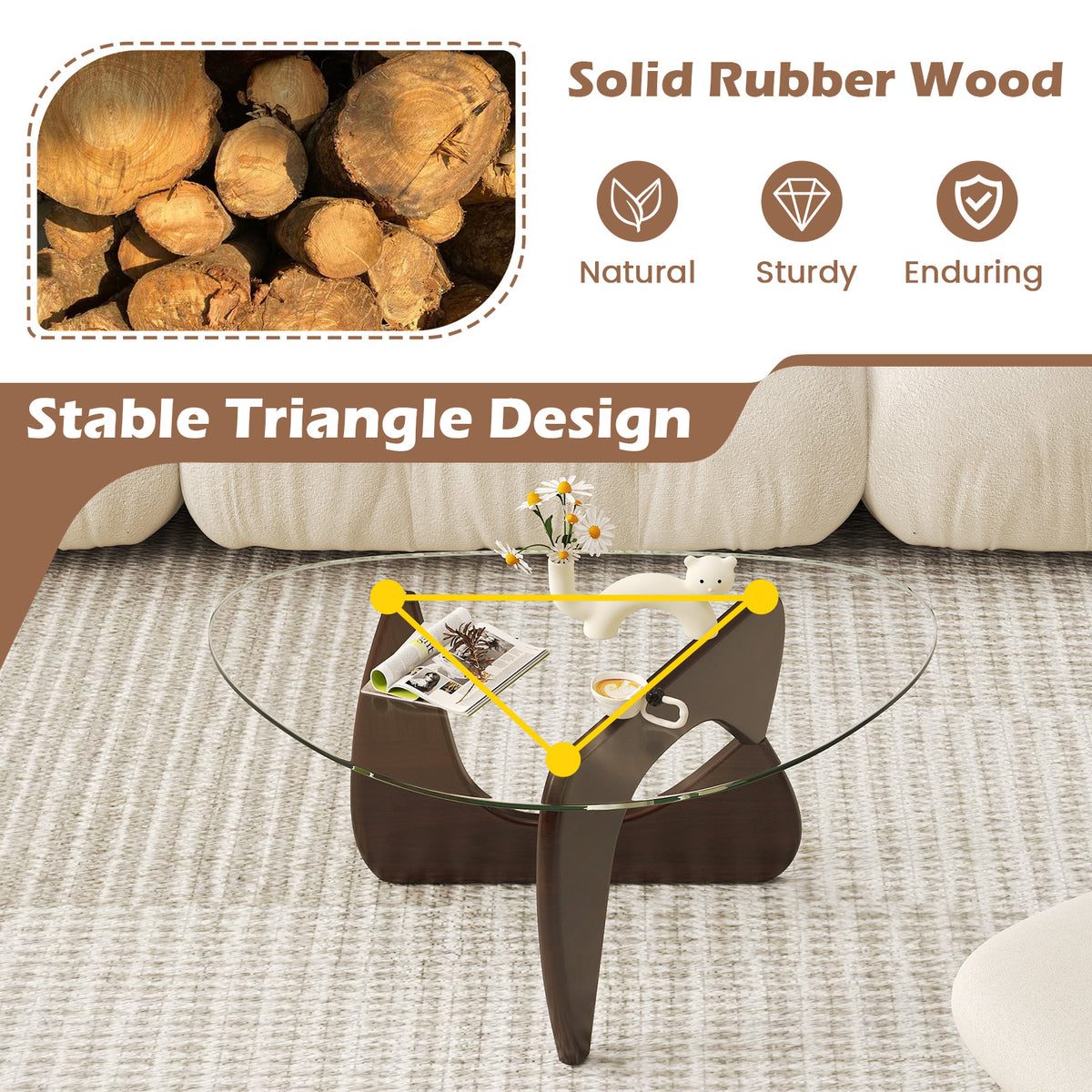 Triangle Coffee Table with Tempered Glass Top - Walnut
