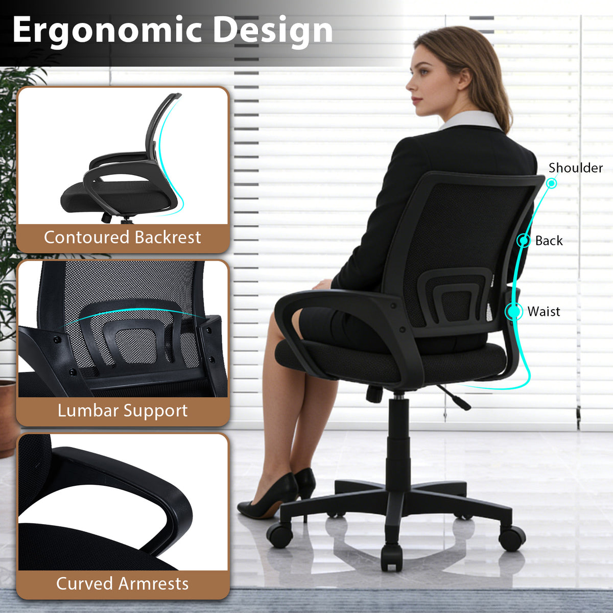 Mid-Back Mesh Office Chair Ergonomic Computer with Lumbar Support