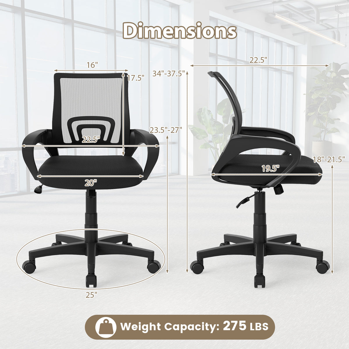 Mid-Back Mesh Office Chair Ergonomic Computer with Lumbar Support