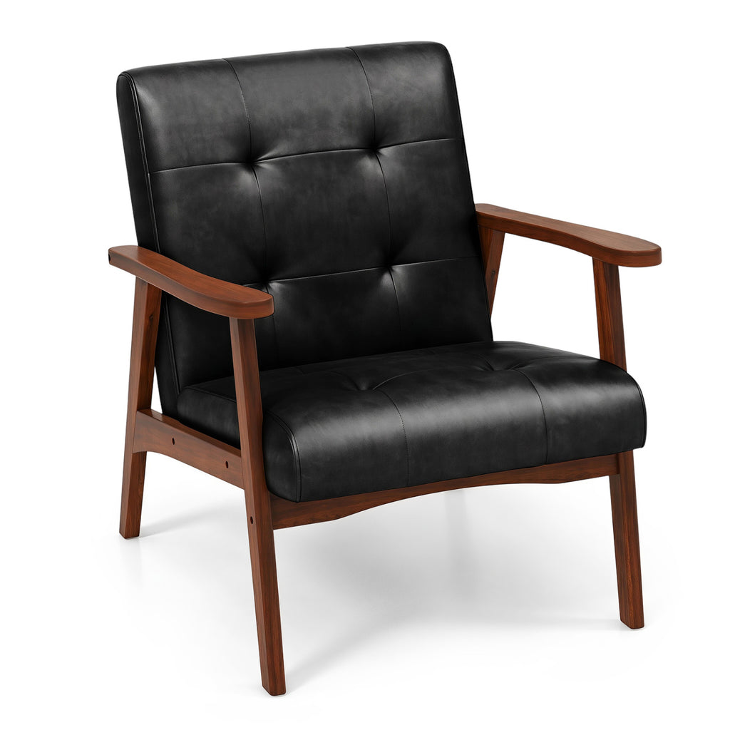 Mid Century Accent Chair, Black - Leather with Wood Frame
