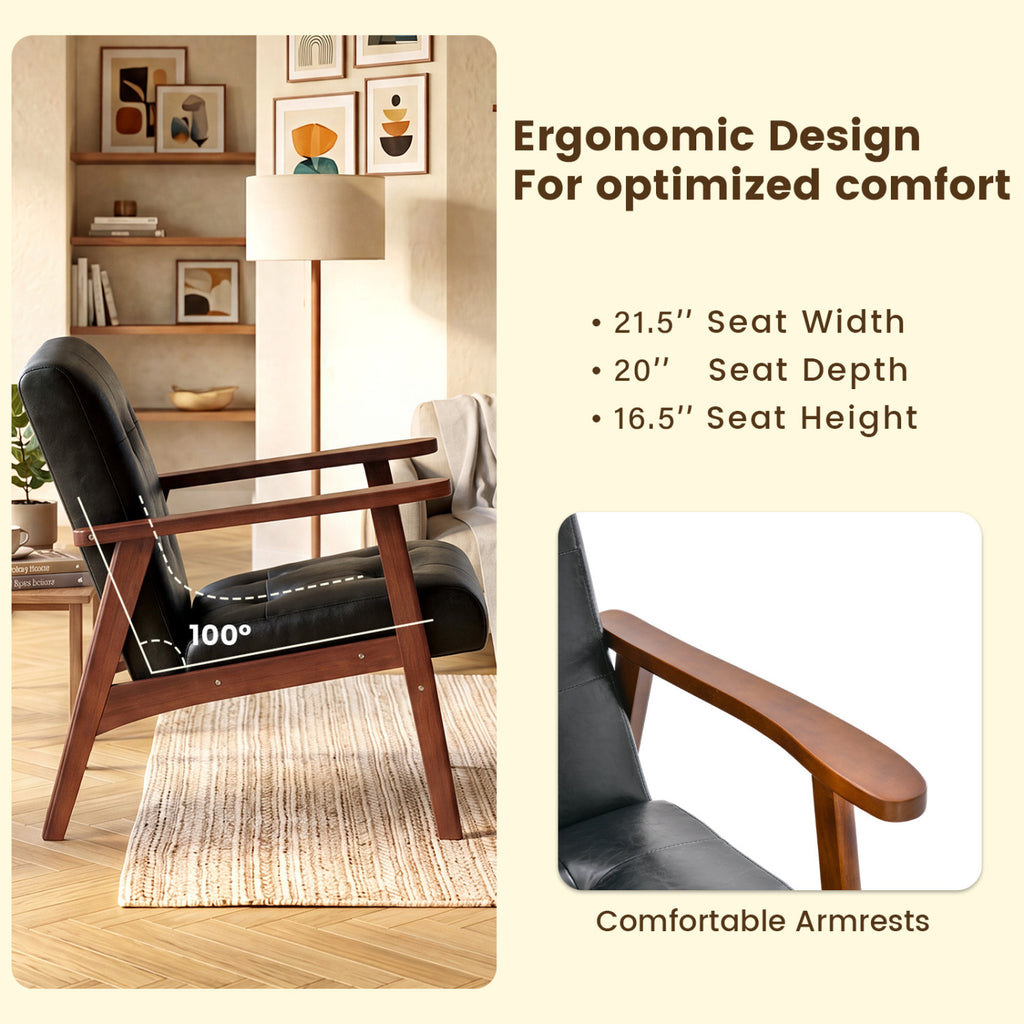 Mid Century Accent Chair, Black - Leather with Wood Frame