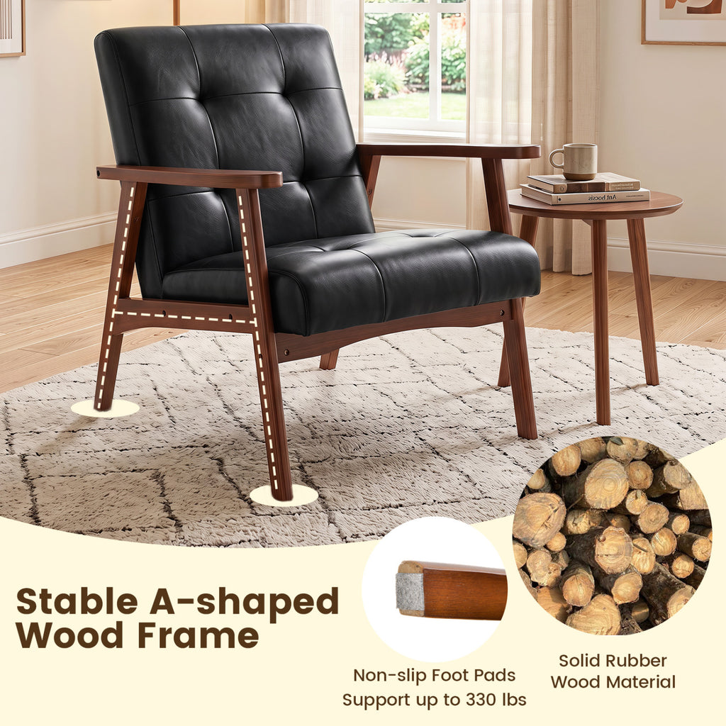 Mid Century Accent Chair, Black - Leather with Wood Frame