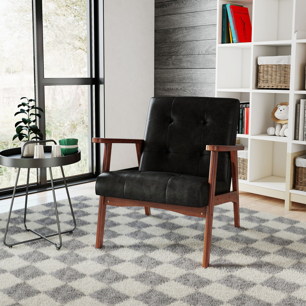 Mid Century Accent Chair, Black - Leather with Wood Frame