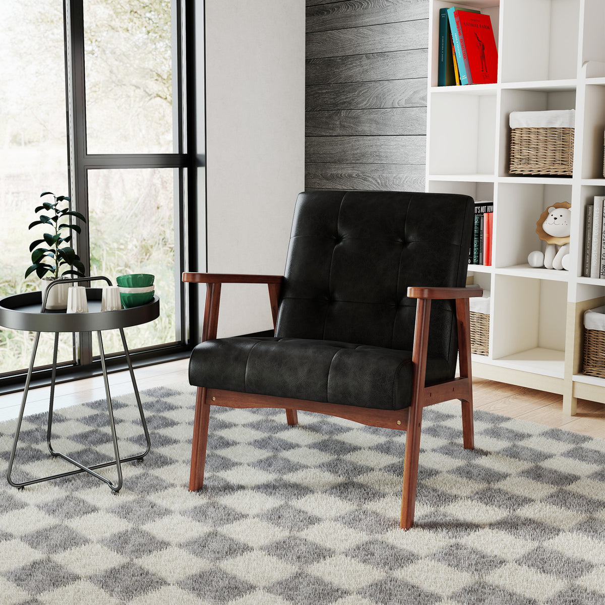 Mid Century Accent Chair, Black - Leather with Wood Frame