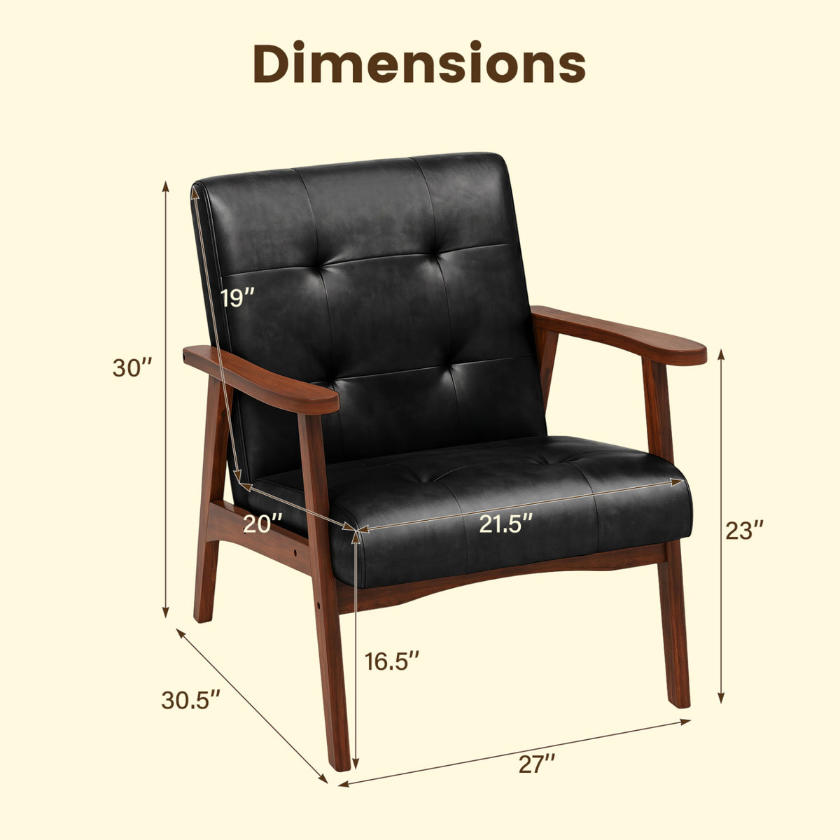 Mid Century Accent Chair, Black - Leather with Wood Frame