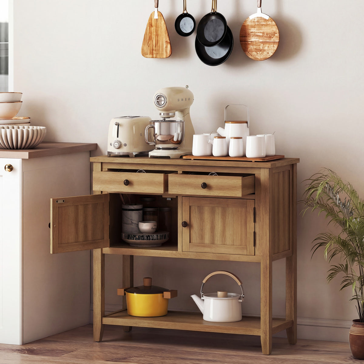 Mid-Century Console Table with Storage Drawers - Walnut