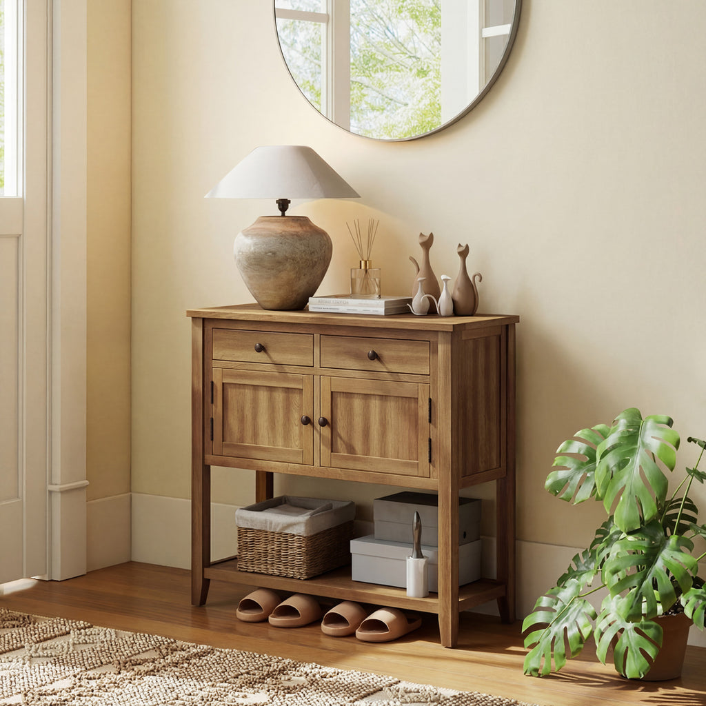 Mid-Century Console Table with Storage Drawers - Walnut