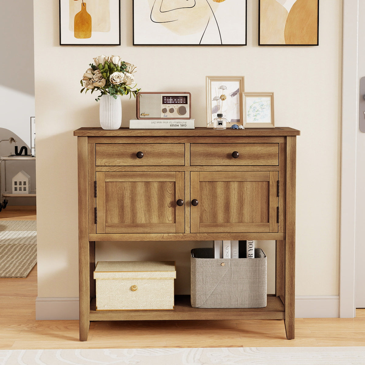 Mid-Century Console Table with Drawers, Walnut