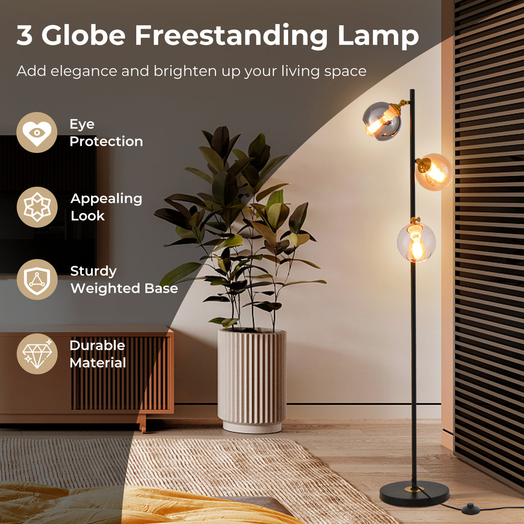 Mid Century Floor Lamp with 3 Glass Globe Shades - Adjustable & Heavy Base - Variation: 3 Glass Globe Shades