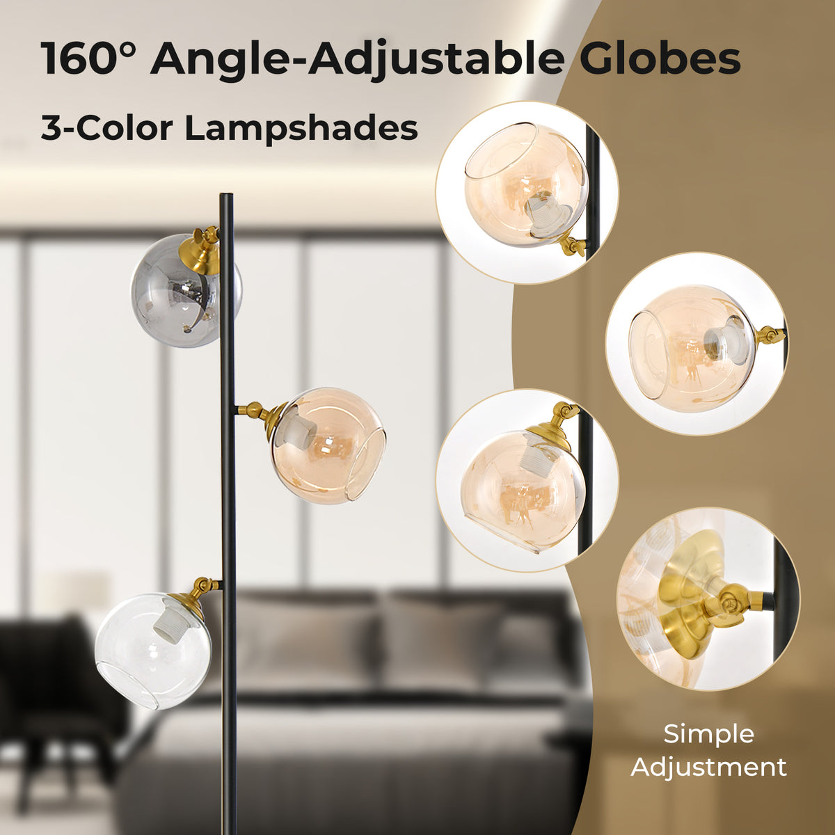 Mid Century Floor Lamp with 3 Glass Globe Shades - Adjustable & Heavy Base - Variation: 3 Glass Globe Shades