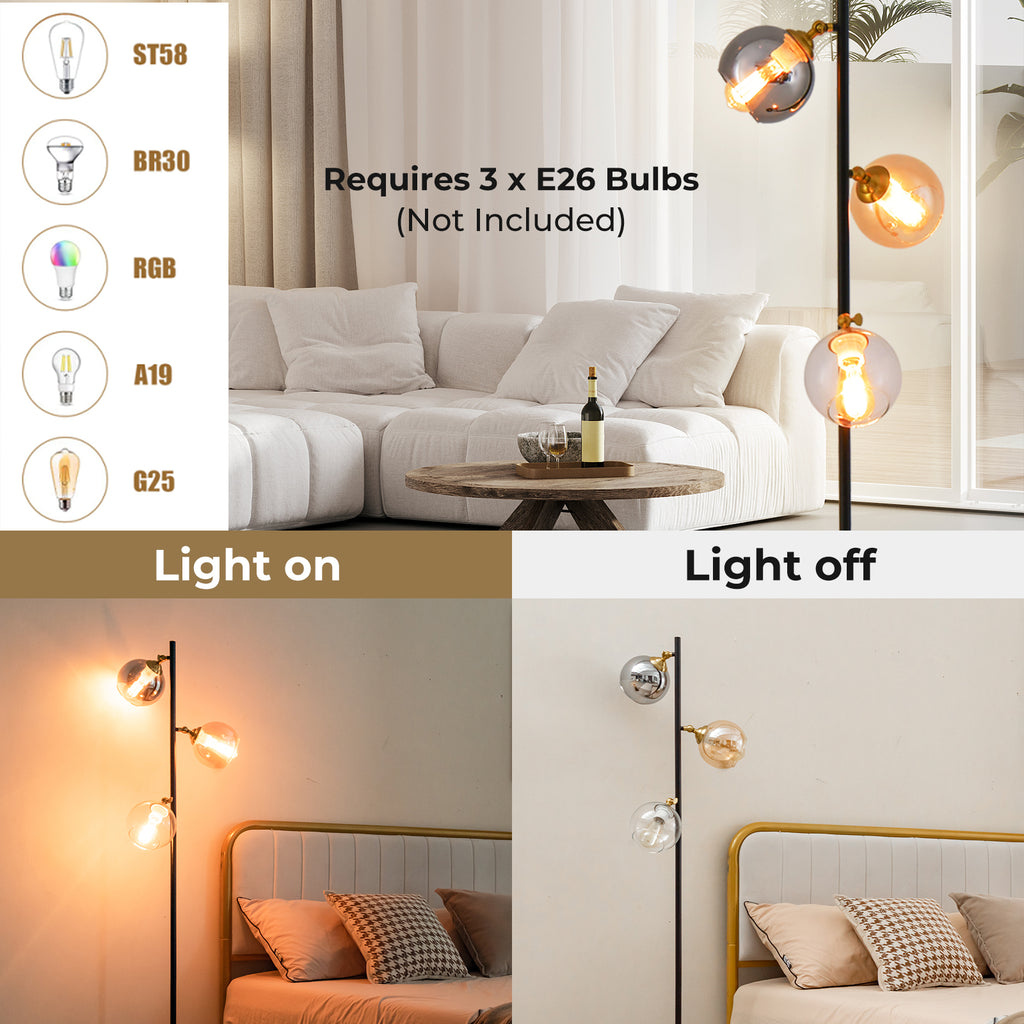 Mid Century Floor Lamp with 3 Glass Globe Shades - Adjustable & Heavy Base - Variation: 3 Glass Globe Shades