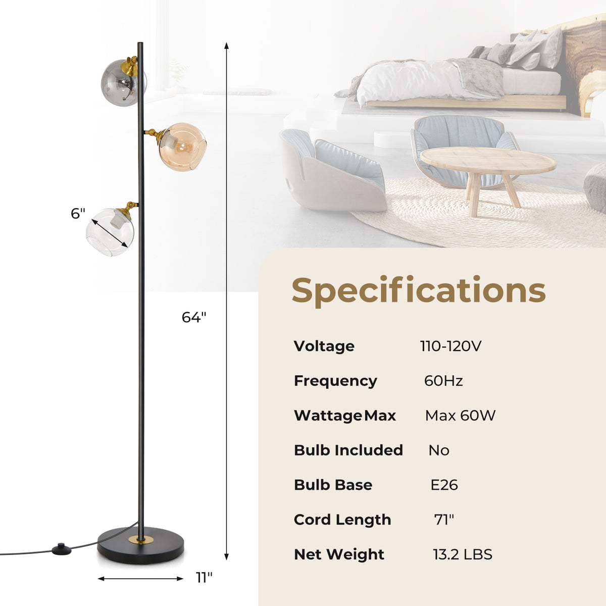 Mid Century Floor Lamp with 3 Glass Globe Shades - Adjustable & Heavy Base - Variation: 3 Glass Globe Shades