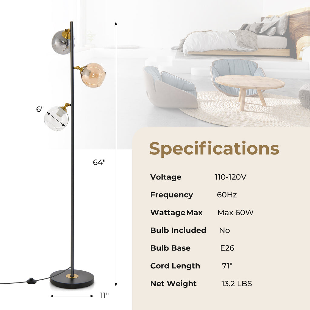 Mid Century Floor Lamp with 3 Glass Globe Shades - Adjustable & Heavy Base - Variation: 3 Glass Globe Shades