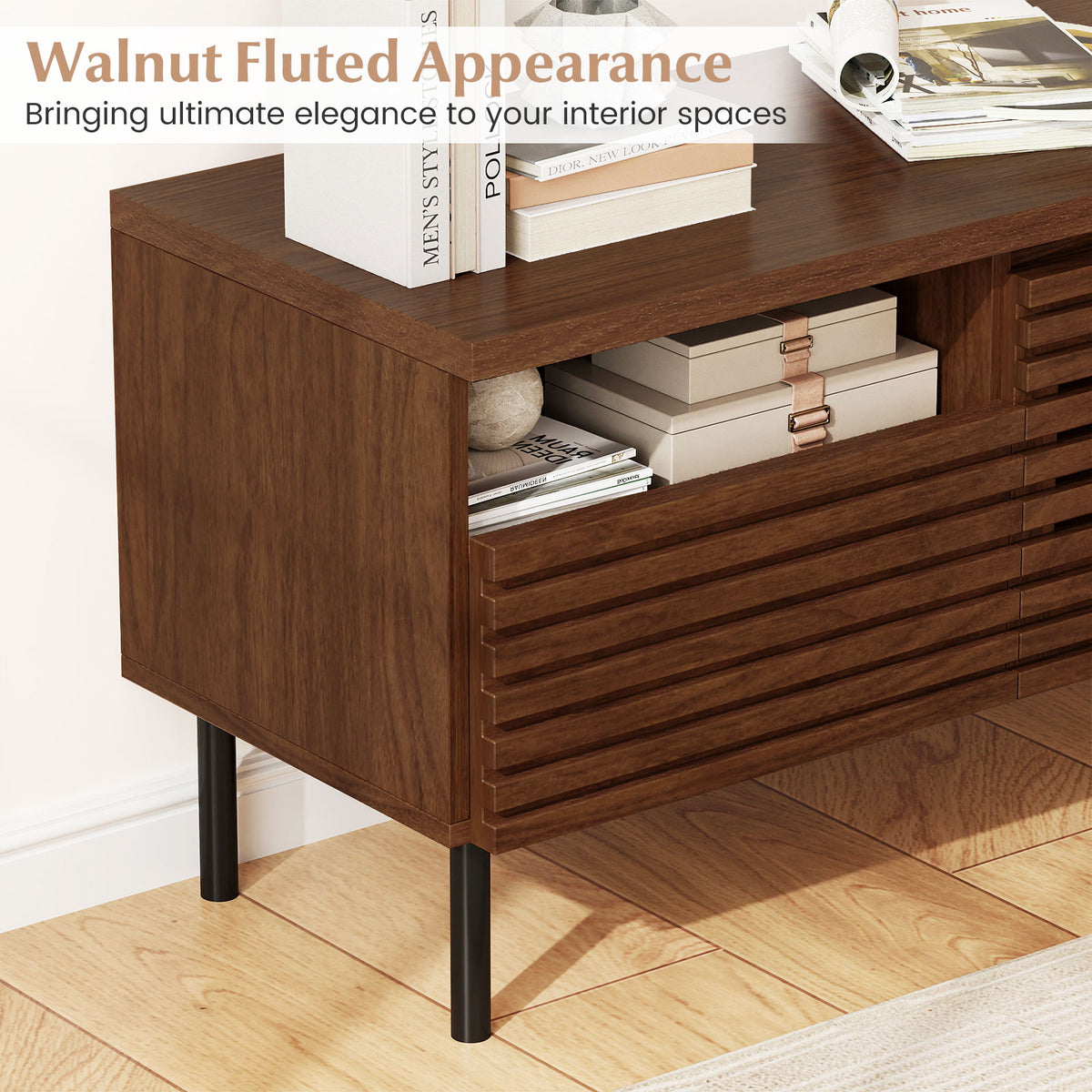 Mid-Century TV Stand for 40 Inch TV, Walnut Fluted