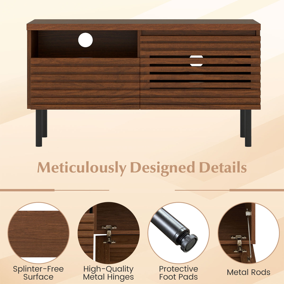 Mid-Century TV Stand for 40 Inch TV, Walnut Fluted