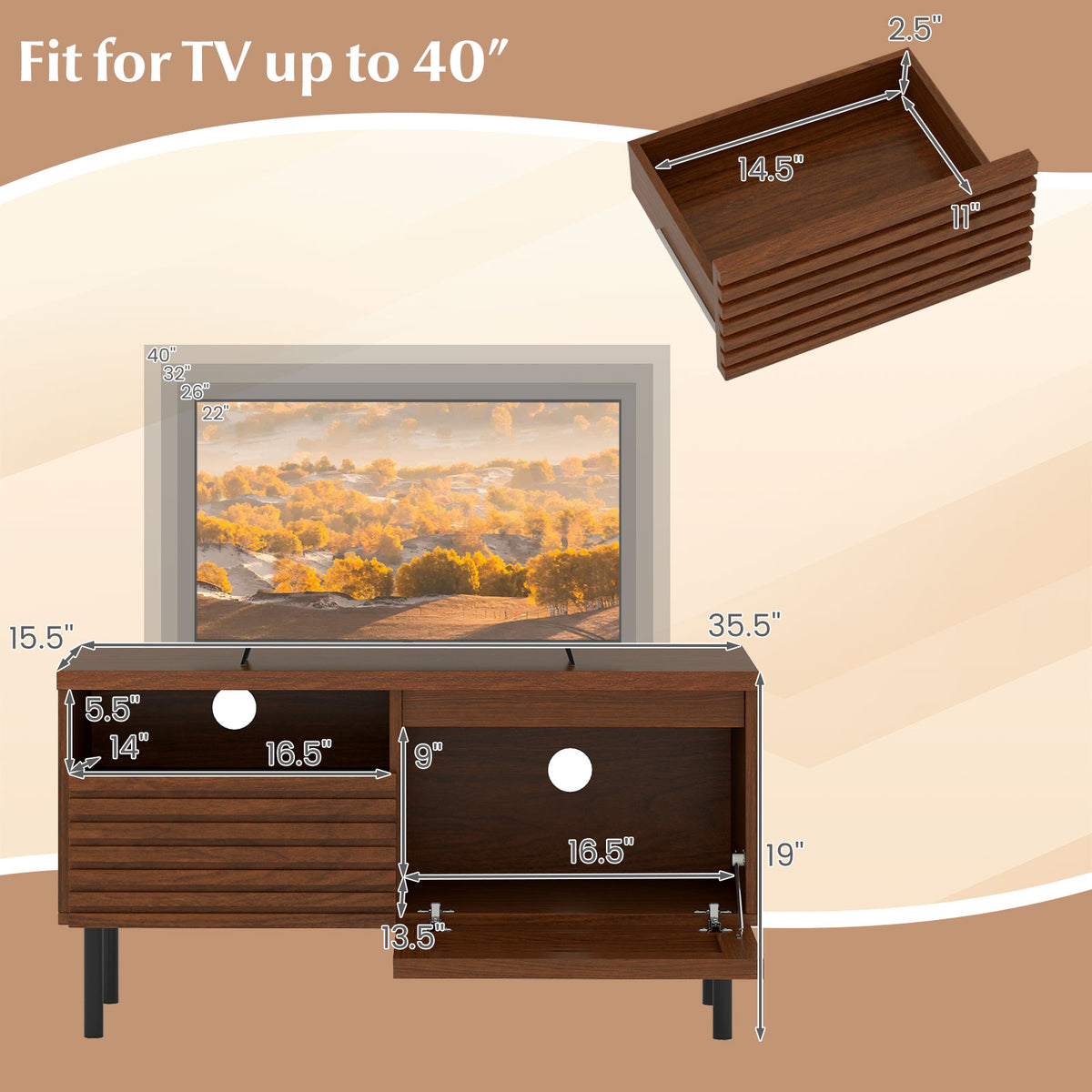 Mid-Century TV Stand for 40 Inch TV, Walnut Fluted