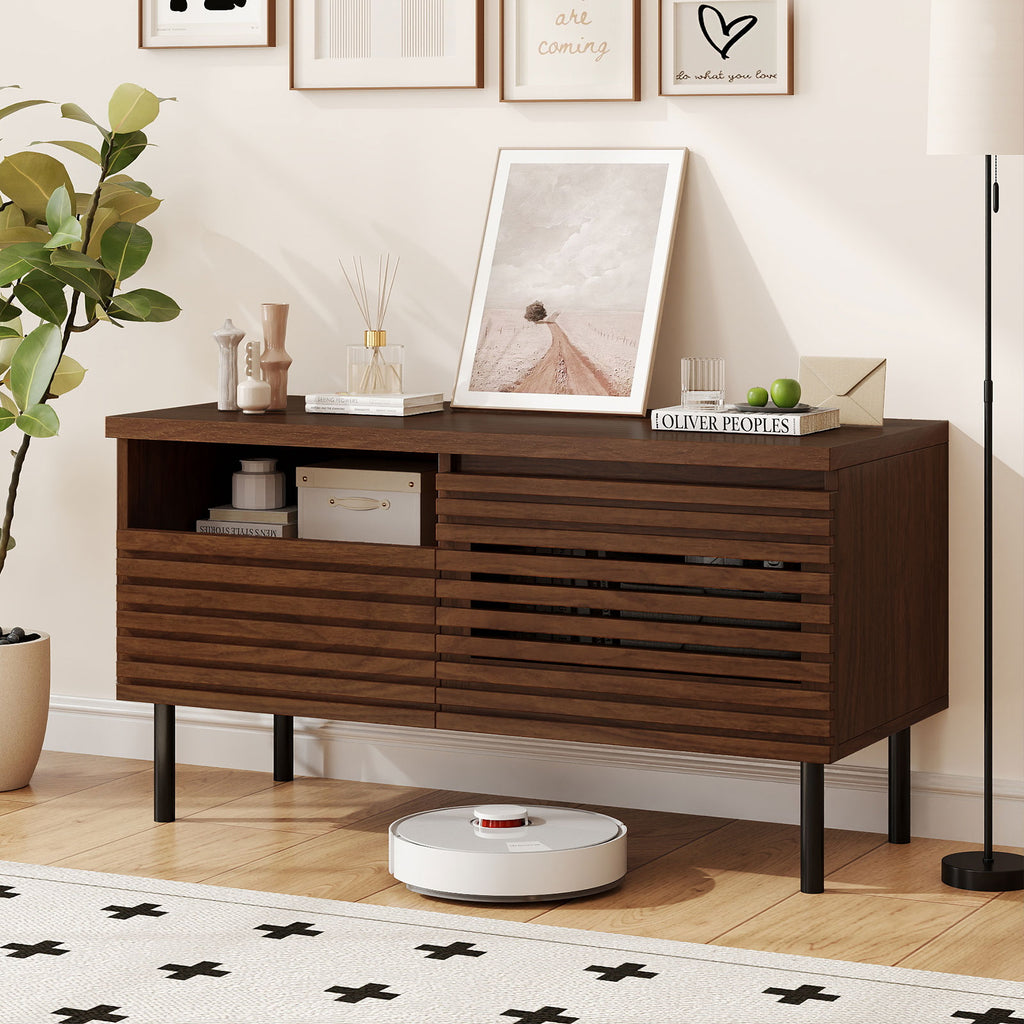Mid-Century TV Stand for 40 Inch TV, Walnut Fluted