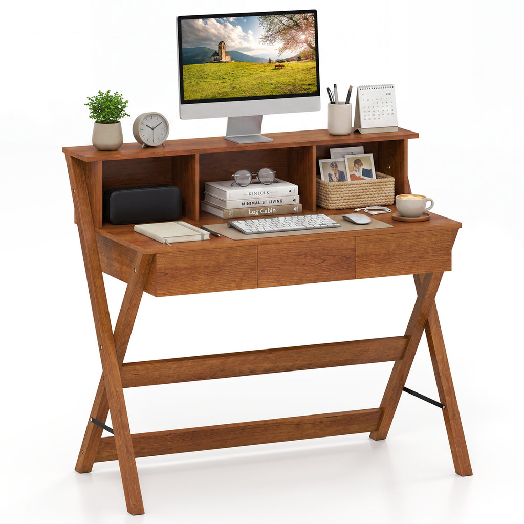 Vintage Computer Desk with 3 Drawers & Storage - Brown