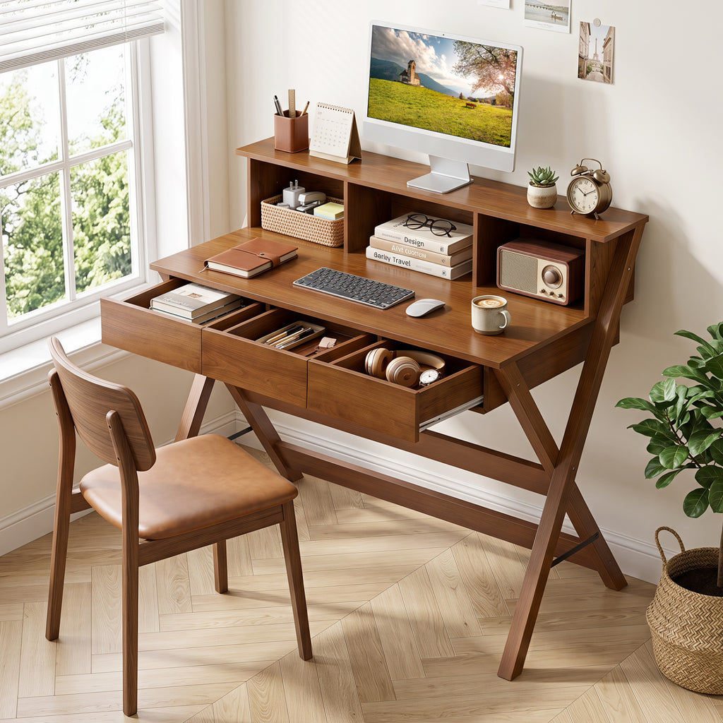 Vintage Computer Desk with 3 Drawers & Storage - Brown