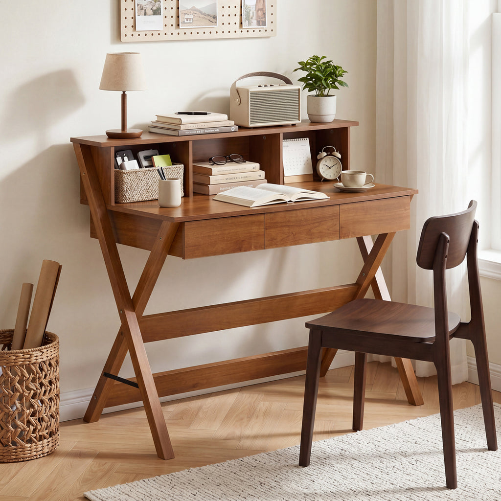 Vintage Computer Desk with 3 Drawers & Storage - Brown