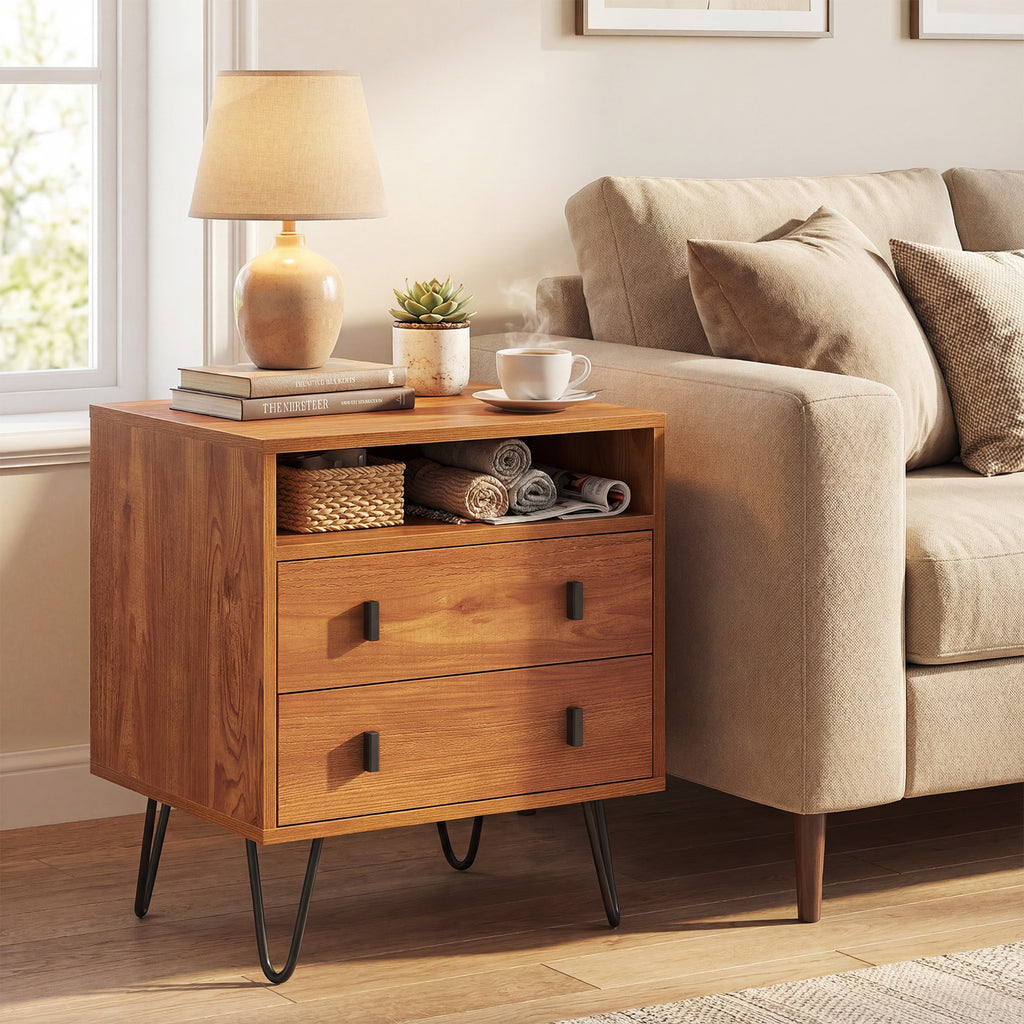 Mid Century Modern 2-Drawer Nightstand with Storage, Walnut