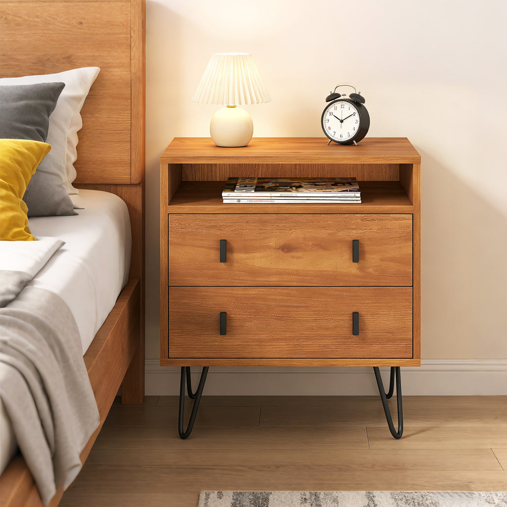 Mid Century Modern 2-Drawer Nightstand with Storage, Walnut